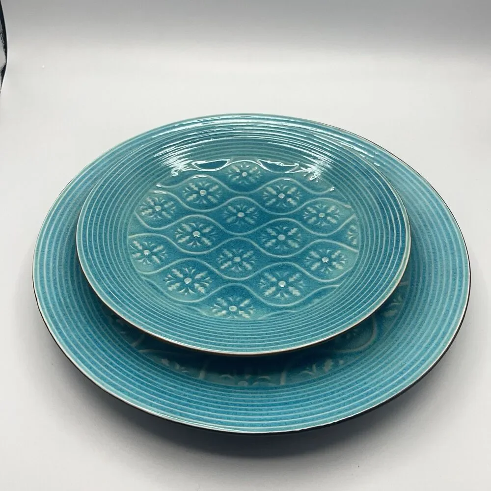 Vintage Set Pier 1 Turquoise Plate Crackle Pattern Stoneware Salad 8.5”  And 11”